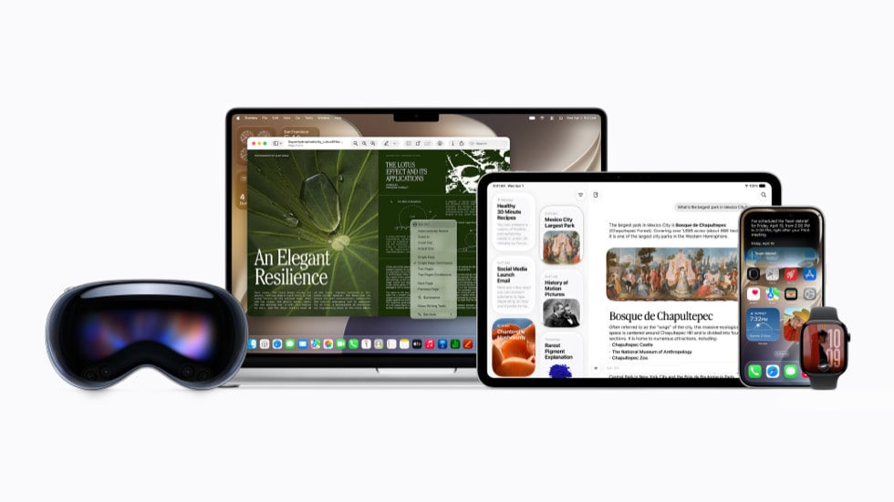 Dispositivos Apple mostrando funciones de Siri AI y Apple Intelligence