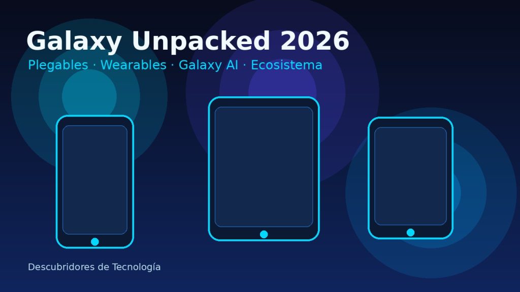 Imagen conceptual de Galaxy Unpacked 2026 con dispositivos plegables, wearables e IA