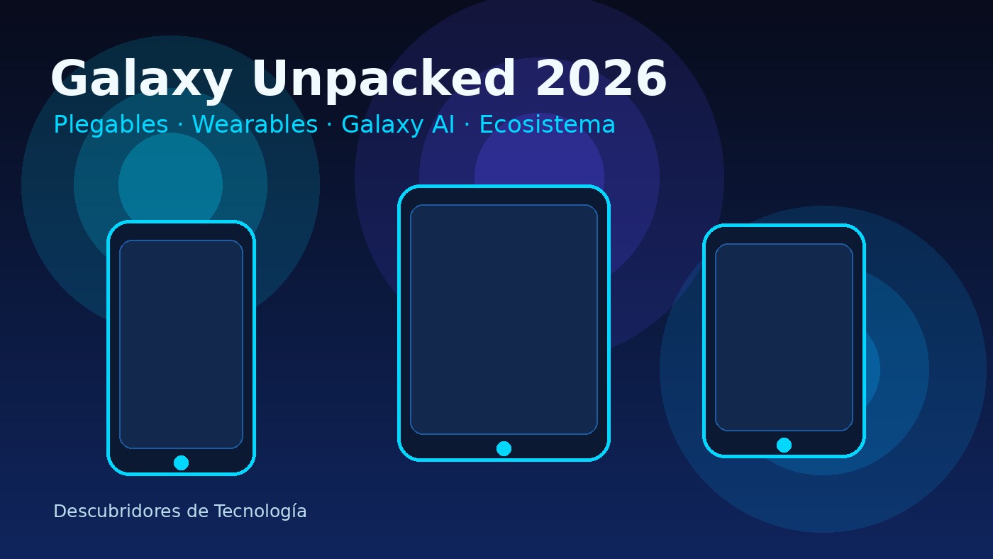 Imagen conceptual de Galaxy Unpacked 2026 con dispositivos plegables, wearables e IA